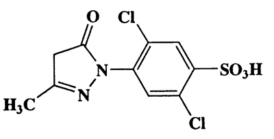 2,5-Bichloro-4-(3-methyl-5-oxo-4,5-dihydropyrazol-1-yl)benzenesulfonic acid,Benzenesulfonic acid,2,5-dichloro-4-(4,5-dihydro-3-methyl-5-oxo-1H-pyrazol-1-yl)-,CAS 84-57-1,323.15,C10H8Cl2N2O4S
