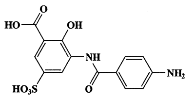 2-Hydroxy-3-(4-aminobenzamido)-5-sulfobenzoic acid,Benzoic acid,3-[(4-aminobenzoyl)amino]-2-hydroxy-5-sulfo-,CAS 6201-80-5,352.32,C14H12N2O7S