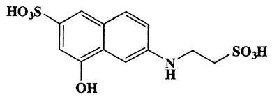 4-Hydroxy-6-(2-sulfoethylamino)naphthalene-2-sulfonic acid,2-Naphthalenesulfonic acid,4-hydroxy-6-[(2-sulfoethyl)amino]-dissodium salt,CAS 259685-50-2,347.36,C12H13NO7S2
