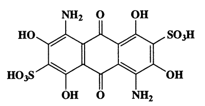 4,8-Diamino-1,3,5,7-tetrahydroxy-9,10-dioxo-9,10-dihydroanthracene-2,6-disulfonic acid,2,6-Anthracenedisulfonic acid,4,8-diamino-9,10-dihydro-1,3,5,7-tetrahydroxy-9,10-dioxo-,CAS 6388-42-7,462.37,C14H10N2O12S2
