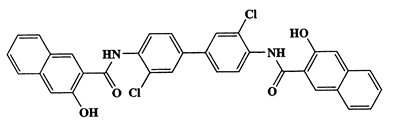 2-Naphthalenecarboxamide,N,N'-(3,3'-dichloro(1,1'-biphenyl)-4,4'-diyl)bis(3-hydroxy-,2-Naphthalenecarboxamide,N,N'-(3,3'-dichloro(1,1'-biphenyl)-4,4'-diyl)bis(3-hydroxy-,593.46,C34H22ClN2O4